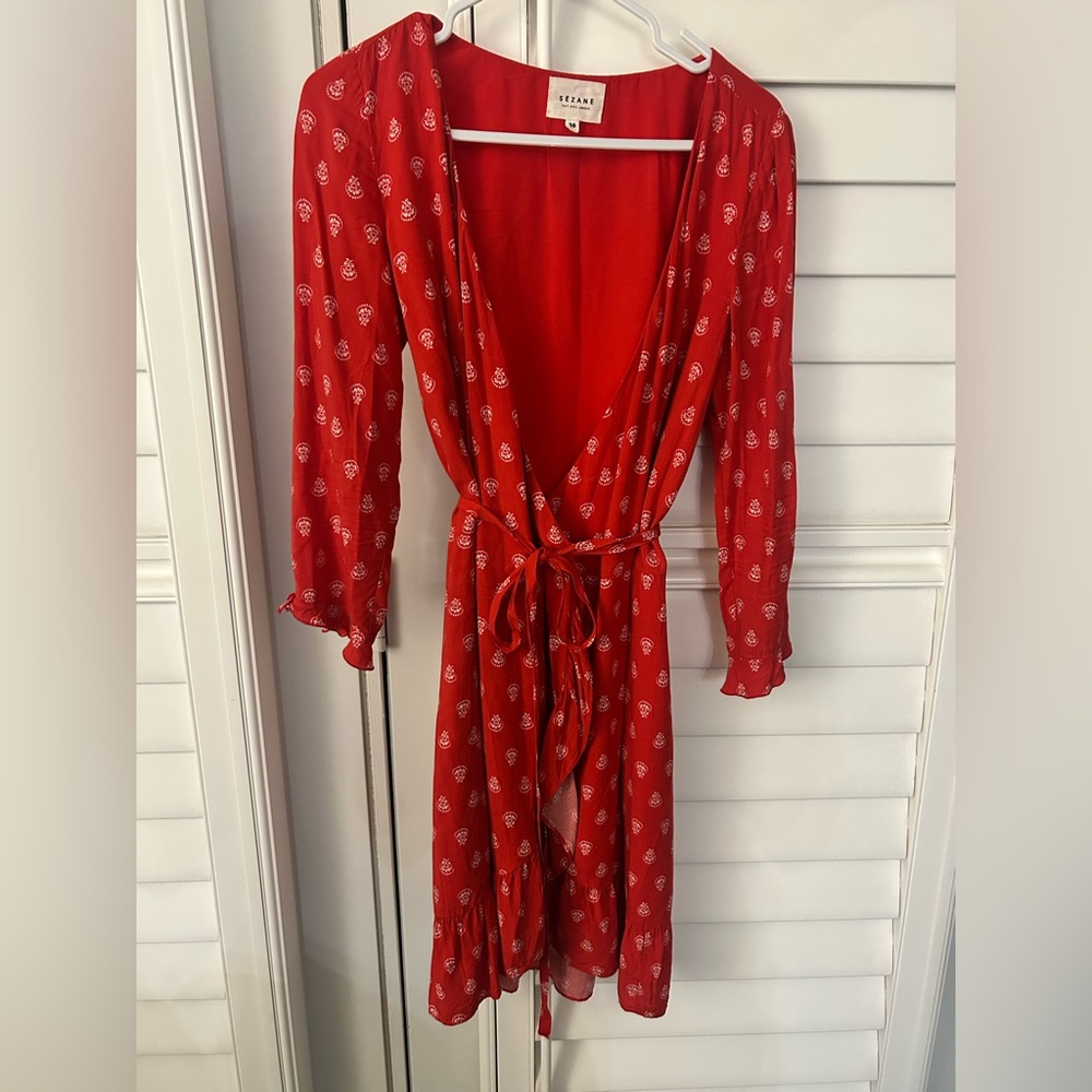 Sezane Red Mini Wrap Dress with White Paisley Print